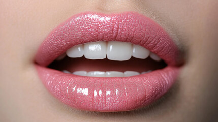Obraz premium Close up of pink lips with glossy lip gloss, beautiful smile and even teeth, soft lighting