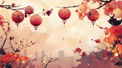 Red Lanterns Hanging From Blossoming Branches Over Cityscape