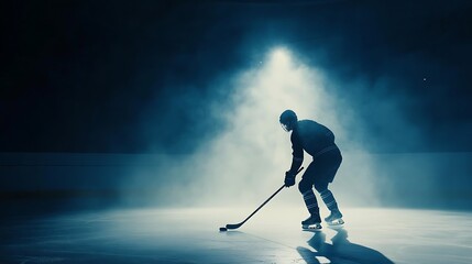 Hockey player silhouette on ice rink, dramatic lighting, low angle.