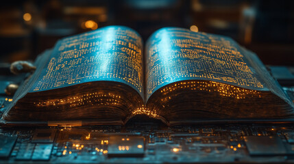 Digital book with pages made of binary code and circuit board background, symbolizing the integration between traditional books and technology.