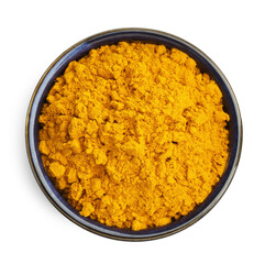 Turmeric powder in bowl isolated on white, top view
