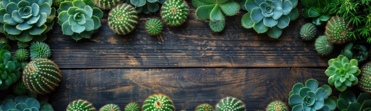 Many different types of cactus plants on this wooden surface, plant background, banner, copy space