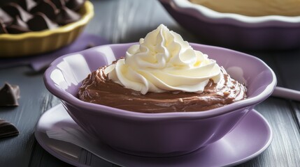 Chocolate Cream Pie with rich chocolate filling and a velvety whipped cream topping, served in a soft purple bowl, creamy and decadent Hyper-quality professionnal photography