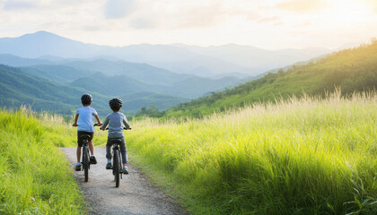Fototapeta premium Two children riding bicycles along scenic trail in lush landscape, enjoying nature beauty