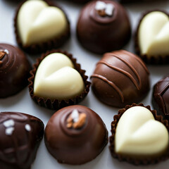 Fototapeta premium chocolate candies on a background chocolate day celebration. Assortment of fine chocolate candies, white, dark, and milk chocolate Sweets background. space for text.