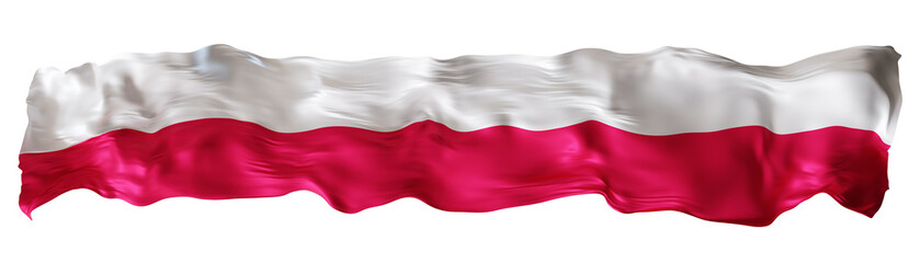 Stylized flag of Poland waving in the wind on transparent background. Footer, header or divider. Cut out wide, panoramic element. Banner for patriotic themes or national event promotions. 3D.