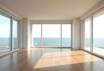 empty room with floor and big sliding door, view of the sea infront