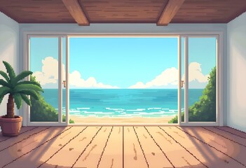 Fototapeta premium empty room with floor and big sliding door, view of the sea infront