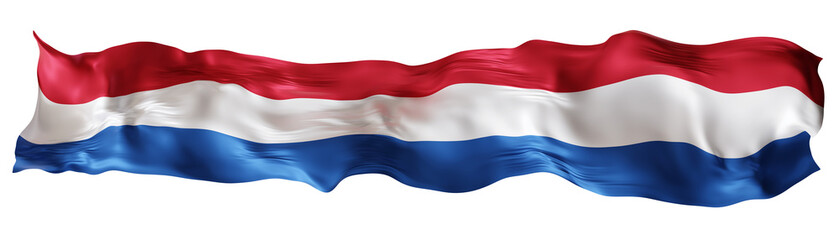 Stylized flag of Netherlands waving in the wind on transparent background. Footer, header or divider. Cut out wide, panoramic element. Banner for patriotic themes or national event promotions. 3D.