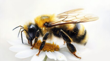 Close-Up of a Bee Pollinating White Flower with Soft Background