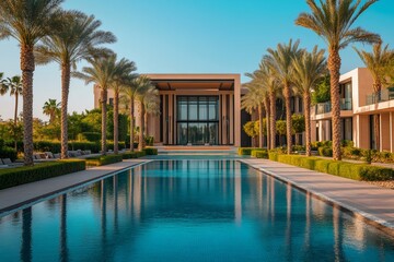 Fototapeta premium Luxurious resort reflecting in tranquil blue swimming pool surrounded by palm trees