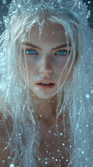 Freya. Ethereal Ice Queen A Mesmerizing Surreal Portrait. Beautiful woman with long white hair and blue eyes, wearing an ice crown made of crystals, standing in the snowstorm, close-up portrait