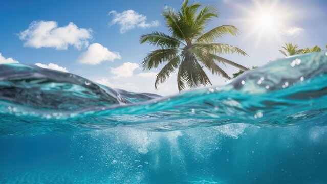 Tropical paradise, split-level underwater photography, crystal clear turquoise water, palm tree leaning over ocean, bright sunlight, fluffy white clouds, blue sky, wave crest, sunbeams piercing water 