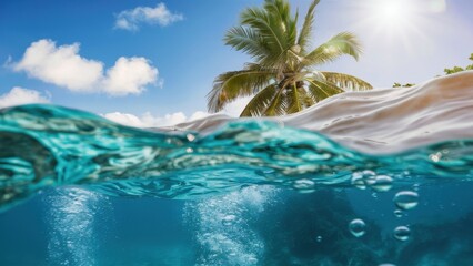 Tropical paradise, split-level underwater photography, crystal clear turquoise water, palm tree leaning over ocean, bright sunlight, fluffy white clouds, blue sky, wave crest, sunbeams piercing water 