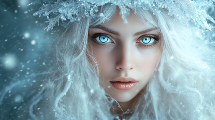 Freya. Ethereal Ice Queen A Mesmerizing Surreal Portrait. Beautiful woman with long white hair and blue eyes, wearing an ice crown made of crystals, standing in the snowstorm, close-up portrait