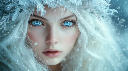 Freya. Ethereal Ice Queen A Mesmerizing Surreal Portrait. Beautiful woman with long white hair and blue eyes, wearing an ice crown made of crystals, standing in the snowstorm, close-up portrait