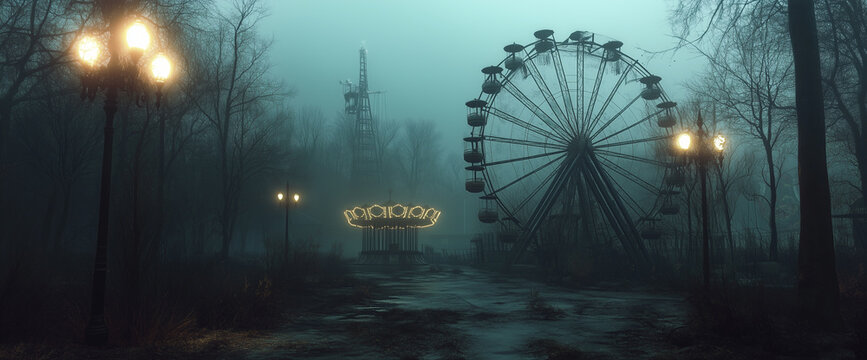 Ferris wheel, old carousel, and illuminated street lamps in an abandoned amusement park surrounded by foggy trees. Scary fantasy game background, concept art. Dark fantasy game, gothic horror. Horror.
