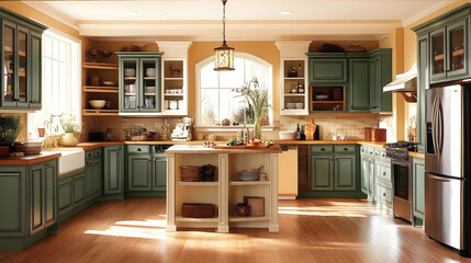 Fototapeta premium Bright and inviting kitchen with sage green cabinets, natural wood finishes, and sunlight