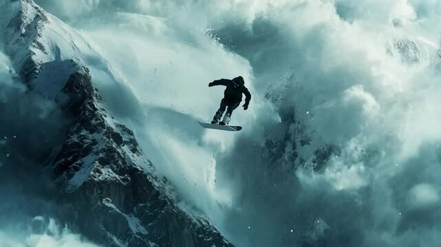 Snowboarding scene jumping down the hill, seamless looping motion for background video animation.