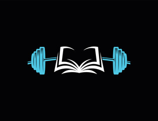 Barbell or Dumbbell Sign With Book Logo Design Vector on black background.