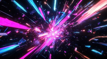 Fototapeta premium **A fragmented explosion of glowing diagonal lines in neon pink