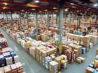 A vast warehouse filled with neatly organized boxes and pallets, showcasing the efficiency of modern logistics and storage solutions.