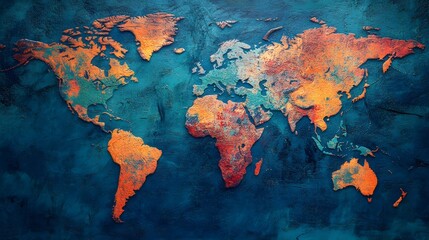 A vibrant, artistic representation of the world map featuring bold colors and textures, ideal for educational and decorative purposes.