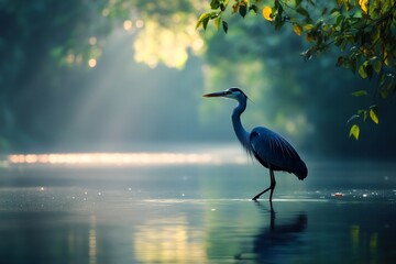 Naklejka premium Grey heron wading in shallow water at dawn in a misty forest