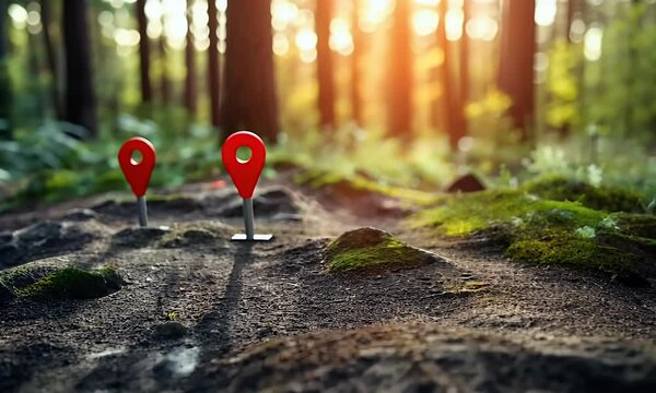 Forest trail map markers sunset navigation