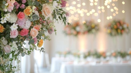 Elegant Floral Arrangement with Soft Lighting at a Wedding Reception Creating a Romantic Atmosphere for Celebratory Events and Gatherings