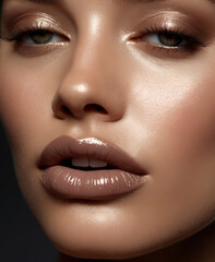 Naklejka premium Close up of beautiful young Caucasian female model with beautiful glowy skin and make up