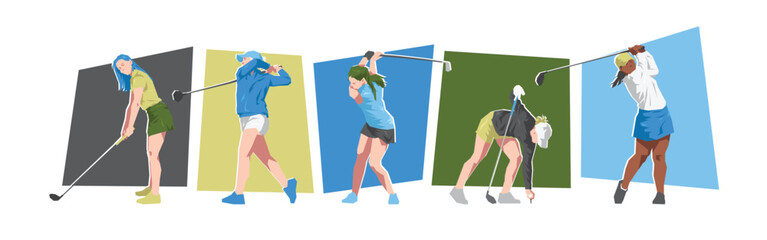 Set of female golfer character in action. People playing golf. Isolated on white background. Flat vector illustration.