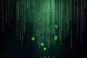 Futuristic digital matrix shows falling green code in cyberspace at night. Digital code elements float in dark space. Matrix style graphic abstract, evokes sense of high tech. Image ideal for tech,