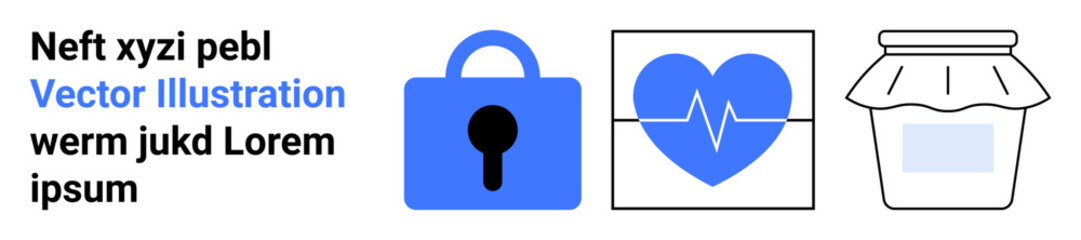 Lock symbolizing security, heart with ECG lines signifying health monitoring, and jar representing food storage. Ideal for cybersecurity, healthcare, cooking, home organization, wellness apps