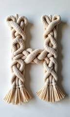 Letter or Number crafted from cotton rope tied in macram&eacute; knots with fringe ends on a white background
