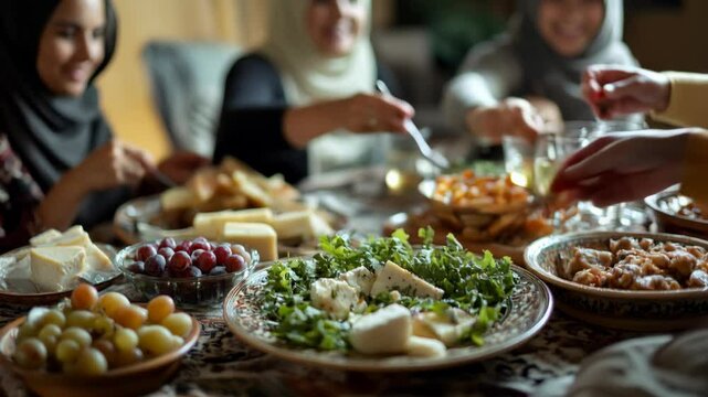 Muslim Family and Friends Sharing a Ramadan Iftar Meal Together, Full of Traditional Food and Warm Conversation