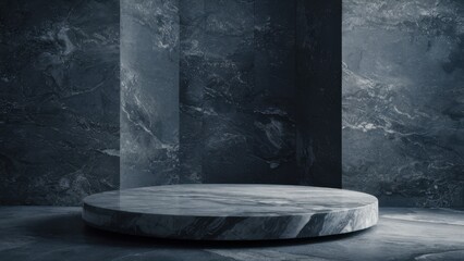Stone pedestal, dark marble background, circular platform, moody lighting, studio setup, product display, minimalist design, textured surfaces, dramatic shadows, luxury aesthetic, 3D rendering, photor