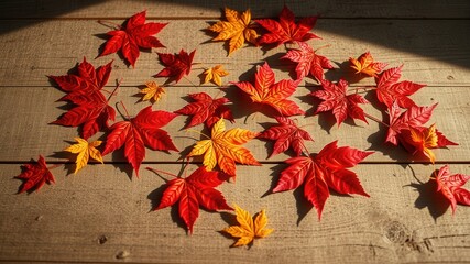 Obraz premium Autumnal Maple Leaves Scattered on Rustic Wooden Surface