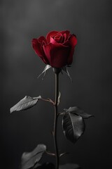 Elegant red rose contrasts against dark black background creating a striking visual harmony in wall art design