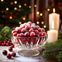 SugarCoated Cranberries Festive Christmas Bowl Candles Lights, Generated image