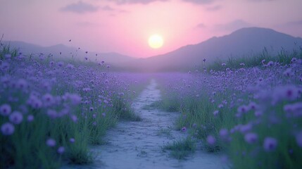 Peaceful Lavender Field at Sunset, Serene Landscape with Path Leading to Distant Hills