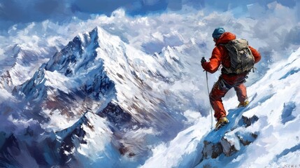 Adventurous Climber Overlooking Snow-Capped Mountains Under Bright Sky in a Breathtaking Landscape with Majestic Peaks and Pristine Snow