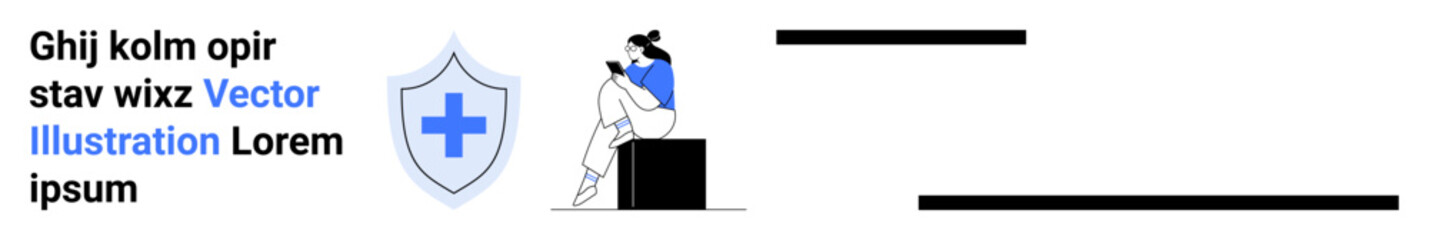 Healthcare provider sitting with back against a shield containing a medical cross. Ideal for telemedicine, patient communication, medical apps, health insurance, online consultations, health blogs