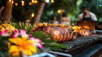 Grilled pork loin with tropical flowers at outdoor party.