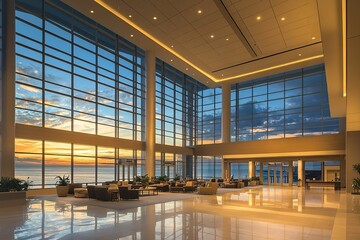 Ocean View Lobby: Stunning Sunrise, Modern Architecture, Tranquil Interior Design, Evening Ambiance, Luxurious Seating, Polished Floor, Glass Walls, Spacious Room, Serene Atmosphere, Coastal View