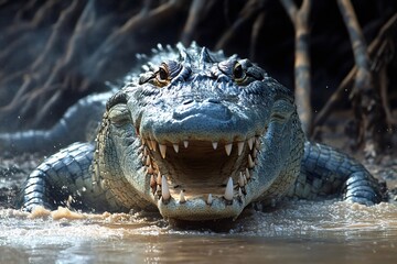 Obraz premium Large reptile showing teeth in natural habitat