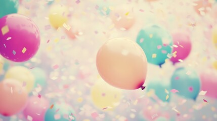 Vibrant balloons and falling confetti create a festive atmosphere of joy and celebration during special events and parties