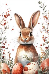 Fototapeta premium Charming Watercolor Rabbit Surrounded by Colorful Easter Eggs, Perfect for Celebrating Chinese New Year with a Minimalist Touch and Vibrant Floral Accents in a Festive Style