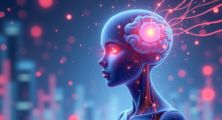 Obraz premium robot head , artificial intelligence in virtual reality, illustration
