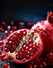 Juicy Red Pomegranates, Seeds, Water Drops, Dark Background, Generated image